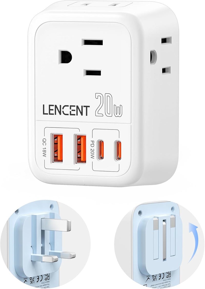 Lencent Foldable US to UK Ireland Travel Plug Adapter, PD 20W Type G Power Adaptor with 4 Outlet, USB C Fast Charger Adapter, USA to Dubai Scotland British London England Hong Kong Irish Qatar - Image 1